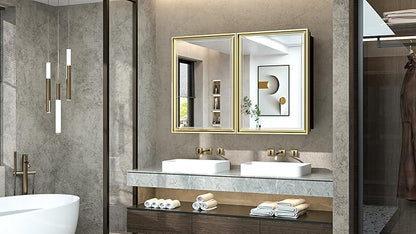 TokeShimi 36x24 Bathroom Mirror with Storage Beveled, Gold Recessed Medicine Cabinet with Mirror Aluminum, Surface Mounted Metal Medicine Cabinets for Bathroom Vanity Wall