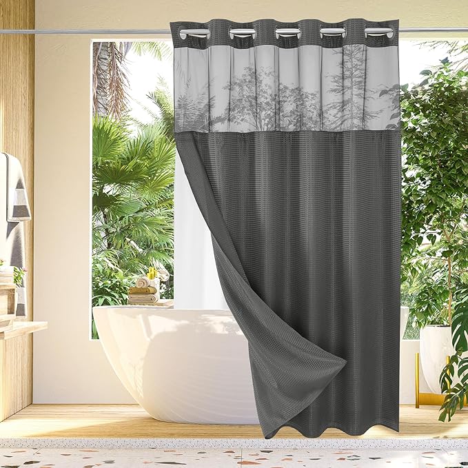 Gibelle No Hook Waffle Weave Shower Curtain with Snap-in Fabric Liner Set for Bathroom, Hotel Style with Mesh Top Window, Waterproof & Washable, Charcoal Grey, 72x74