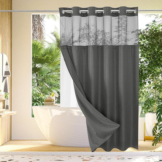 Gibelle Long Shower Curtain 72x80, Waffle Weave Bathroom Shower Curtain with Snap-in Fabric Liner Set, No Hooks Needed, Hotel Style with Mesh Top Window, Charcoal Grey