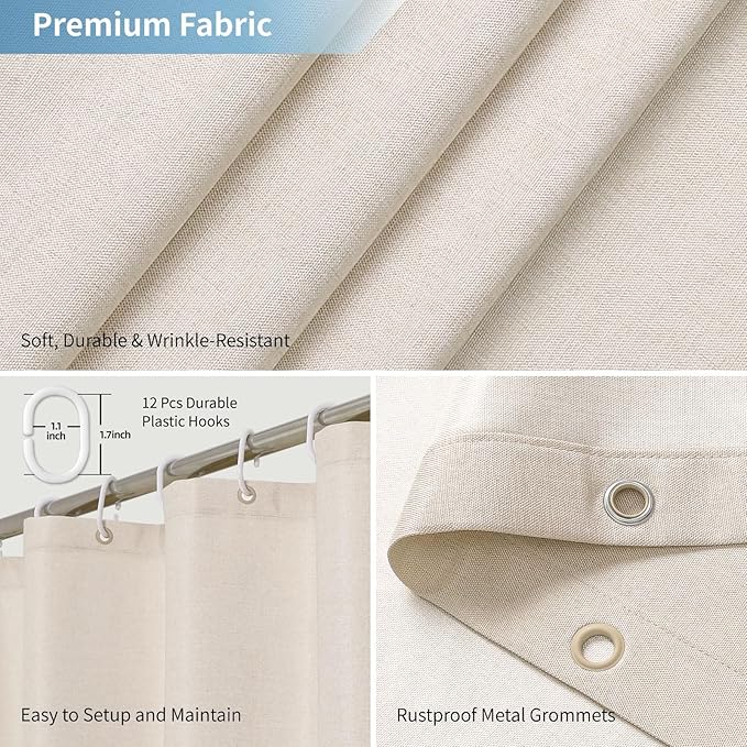 2-in-1 Waterproof Fabric Shower Curtain or Liner,Linen Textured,Breathable TPU & Washable Bathroom Shower Curtain Set with 12 Plastic Hooks,Modern,72"x72" Cream