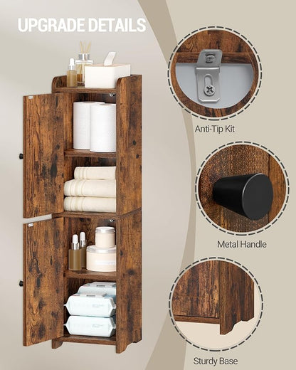 Bathroom Storage Cabinet, Corner Floor Cabinet with 2 Doors and Adjustable Shelf, Narrow Toilet Paper Cabinets, Bathroom Organizer for Small Spaces, 7.9" D x 7.9" W x 29.5" H Rustic Brown