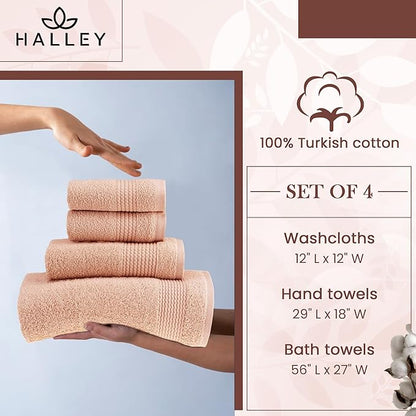 HALLEY Turkish Cotton Towels (Set of 4) 1 Bath Towel 1 Hand Towel 2 Washcloths, Super Soft Highly Absorbent 100% Cotton Towels for Bathroom and Kitchen for Mother’s Day (Peach)