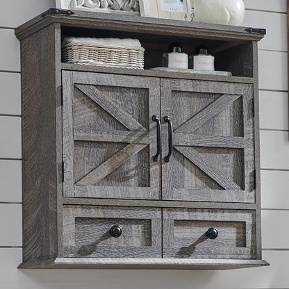 ACCOHOHO Bathroom Wall Cabinet, Farmhouse Medicine Cabinet, 24" Wide Cabinet with Drawer, Adjustable Shelf, Double Barn Doors, Storage Cabinet for Bathroom, Kitchen, Living Room, Grey Wash