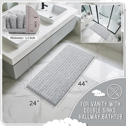 Yimobra Long Bathroom Rugs Non Slip Washable 44x24 Inch - Ultra Soft Absorbent Chenille Bath Mat, Quick Dry Shaggy Floor Carpet for Tub Shower, Silver Home Decor Accessories