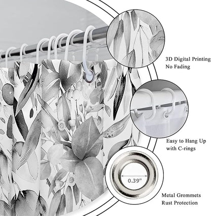 Riyidecor Grey Eucalyptus Leaves Shower Curtain for Bathroom Decor 72Wx72H Retro Plants Watercolor Floral Rustic Botanical Nature Gray Art Printed Fabric Polyester Waterproof 12 Pack Plastic
