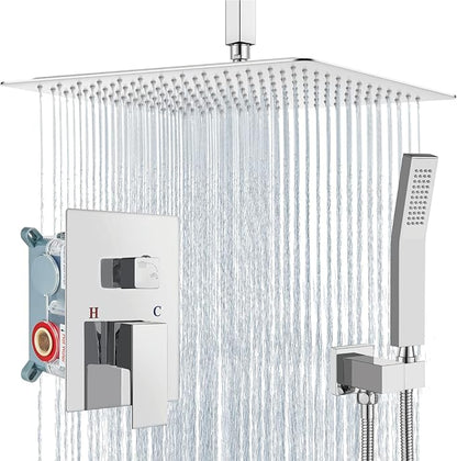 Aolemi Ceiling Mount Shower System Rain Shower Head with Handheld Spray High Pressure Shower Faucet Set Rough-in Valve Shower Trim Kit Included Bathroom Polish Chrome 16 Inch Ceiling Shower Head