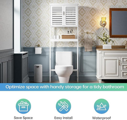SMIBUY Bathroom Over The Toilet Storage Cabinet, 2 Door Bamboo Cabinet Organizer, Freestanding Space Saver Toilet Rack with Adjustable Inside Shelf and Open Shelf (White)