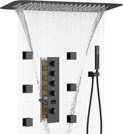 Matte Black Shower System with 6 PCS Body Jet, 16X24 inch Ceiling Mount Showerhead and Handheld Spray, Digital Temperature Display 4 Function Shower Faucet Set
