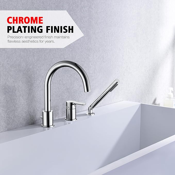 3 Hole Deck Mount Roman Tub Faucet with Hand Shower, Solid Brass Chrome Finish Valve Included