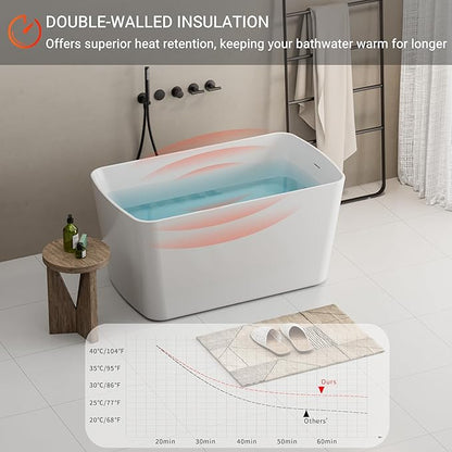 Abruzzo 49" Small Freestanding Bathtub - Square Acrylic Soaking Tub for Small Spaces, Japanese Style Deep Soak with Chrome Overflow & Quick Drain, Gloss White cUPC Certified Compact Bathtub