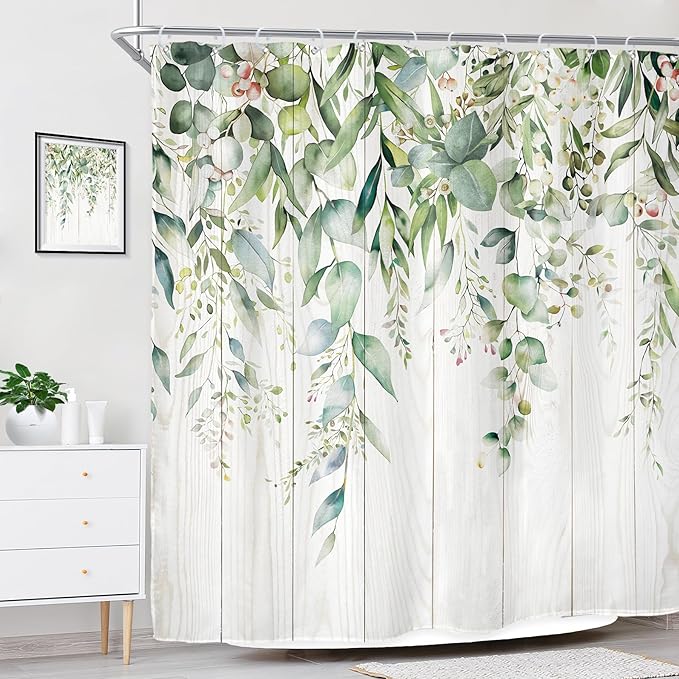 Riyidecor Sage Green Eucalyptus Leaves Shower Curtain for Bathroom Decor 72Wx72H Wooden Rustic Leaf Plants Botanical Spring Floral Art Printed Fabric Polyester Waterproof 12 Pack Plastic