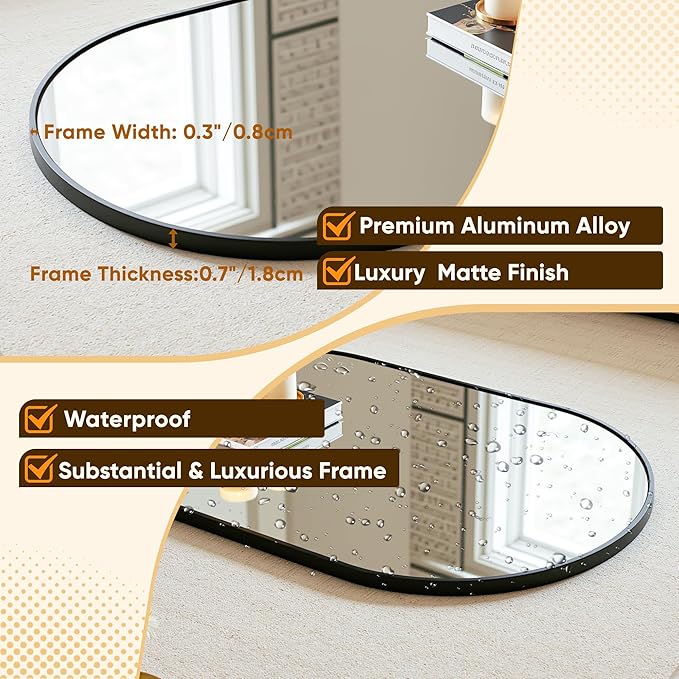 Arched Mirror 24"x36", Bathroom Mirror, Wall Mounted Vanity Mirror with Arch Metal Frame for Bathroom, Over Sink, Bedroom, Living Room, Flat Frame, Black