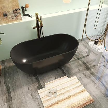 59" Premium Matte Black Solid Surface Freestanding Bathtub, Modern Design Stone Resin Bath Tub with Overflow and Pop-up Drain