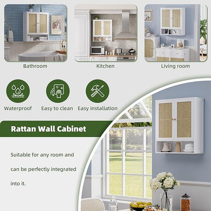 Bathroom Wall Cabinet, Bamboo Over-The-Toilet Storage Organizer with 2 Rattan Doors and Adjustable Shelf, Space Saver Medicine Cabinet for Laundry, Kitchen, Living Room (White)