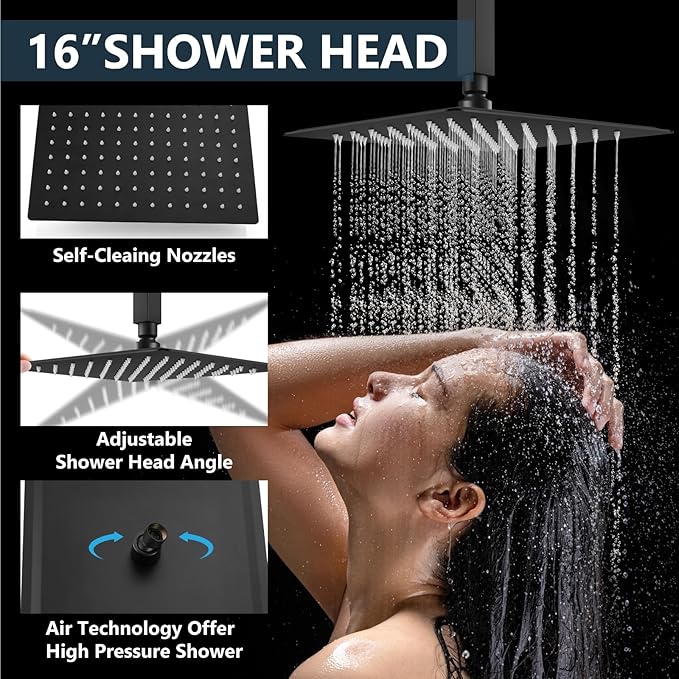 Aolemi Shower Faucet Set Ceiling Mount Shower System Rough-in Valve and Shower Trim Kit 16 and 6 Inch Dual Shower Head 2 in 1 Handheld Spray Push Button Diverter Matte Black