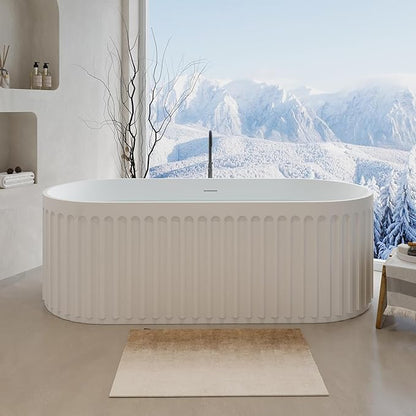 67" Freestanding Solid Surface Bathtub, Luxury Engineered Stone Resin Freestanding Soaking Bathtub with Overflow and Pop-up Drain cUPC Certified, Matte White