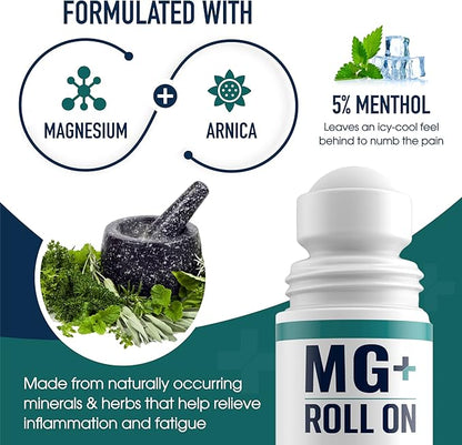 MARS WELLNESS MG+ Cooling Roll on Pain Relief (3 oz) – Fast Acting Arnica Roll on 5% Menthol Magnesium & Arnica – Penetrating Menthol RollOn Topical Pain Relief, Aches, Sore Muscle Pain