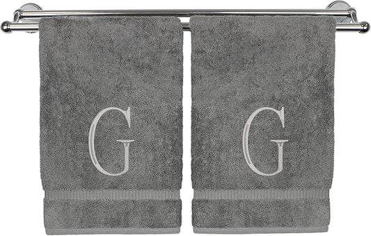 Monogrammed Hand Towel, Personalized Initial Gift, Extra Absorbent 100% Turkish Cotton - Soft Terry Finish - Set of 2 - Silver Block Initial G - Embroidered on Grey Towels