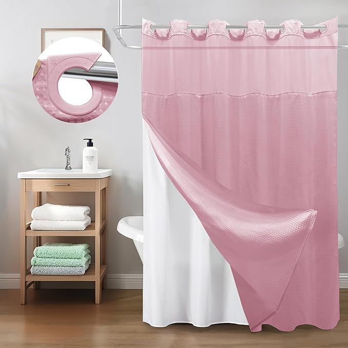 Inhousolu No Hook Shower Curtain with Snap in Fabric Liner Set Waffle Weave 230GSM Weighted Hem, Waterproof & Washable Bathroom Curtain Spa Luxury with Mesh Top Window 72" W x 72" L Pink