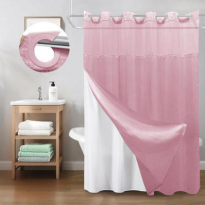 Inhousolu No Hook Shower Curtain with Snap in Fabric Liner Set Waffle Weave 230GSM Weighted Hem, Waterproof & Washable Bathroom Curtain Spa Luxury with Mesh Top Window 72" W x 72" L Pink