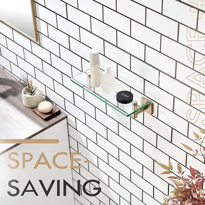 KOKOSIRI Wall Shelves Bathroom Hardware Glass Floating Shelf 12-Inch for Bedroom, Living Room, Kitchen, Hanging Rack Champagne Bronze B1105CPG-L12