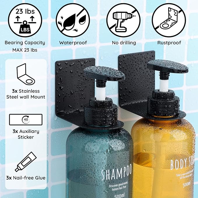 Segbeauty 3 Pack Non-Drilling Adhesive Bottle Holder, Kitchen Bottle Dispenser Holder, Dia 1.3in 3.3cm Lotion Bottle Wall Mount, Rustproof Shampoo Bottle Holder Wall Hanging Rack for Bathroom Black