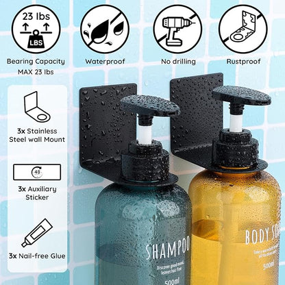 Segbeauty 3 Pack Non-Drilling Adhesive Bottle Holder, Kitchen Bottle Dispenser Holder, Dia 1.3in 3.3cm Lotion Bottle Wall Mount, Rustproof Shampoo Bottle Holder Wall Hanging Rack for Bathroom Black