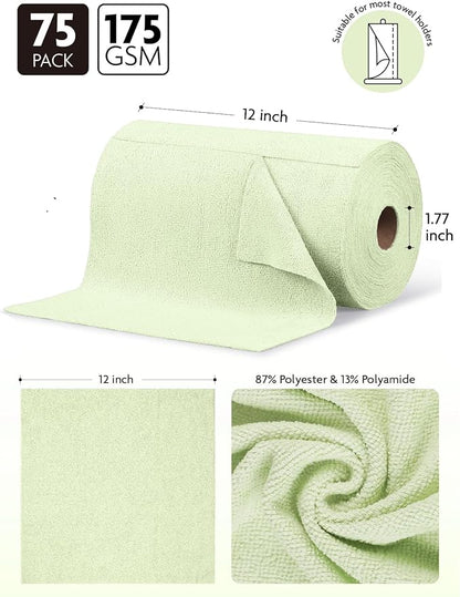 Fantasticlean Microfiber Cleaning Cloth Roll -75 Pack, Tear Away Microfiber Towels, 12" x 12", Reusable, Washable, Scratch Free, Ultra Absorbent Dish Rags for Car, Home, Garage or Shop (Green)