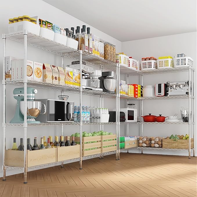 4 Tier Storage Racks Shelving, Heavy Steel Pantry Shelves, Adjustable Wire Shelving Rack, Suitable for Garage, Kitchens, Offices, 57.9" W x 13.8" D x 59" H, Chrome