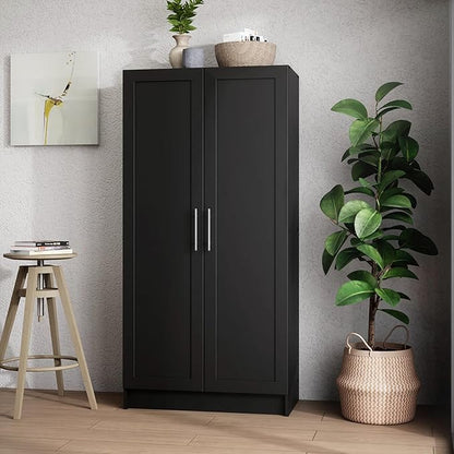 Prepac Elite Accent Cabinet with Panel Doors, Black Storage Cabinet, Bathroom Storage, Pantry with 3 Shelves 16.75" D x 32" W x 65" H