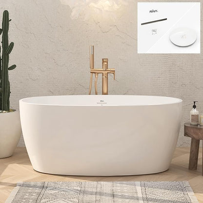 FerdY Tahiti 55" Acrylic Freestanding Bathtub, Elegant Oval Shape Soaking Bathtub, Glossy White, White Drain & Integrated Slotted Overflow Assembly Included cUPC Certified