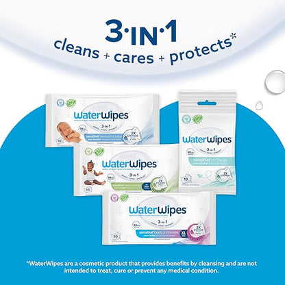 WaterWipes Sensitive+ Newborn & Baby Wipes, 3-In-1 Cleans, Cares, Protects, 99.9% Water, Unscented & Hypoallergenic, 1080 Count (18 Packs)