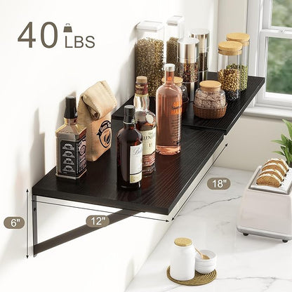Fun Memories Black Floating Shelves 18 Inch Long, Rustic Floating Shelf with Brackets, 12 Inch Deep Wall Shelves, Black Bathroom Shelves, 18 x 12 Storage Shelf for Kitchen, Living Room, Set of 2