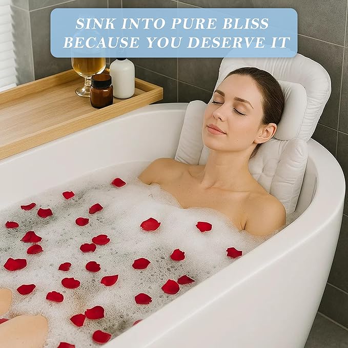 Bath Pillow for Tub | 4D Air Mesh Fabric - Plush Bathtub Pillow for Neck & Back Support, Hot Tub Pillow with 6 Non-Slip Suction Cups | Spa Pillow for Relaxation and Comfort (White). (Full Body White)