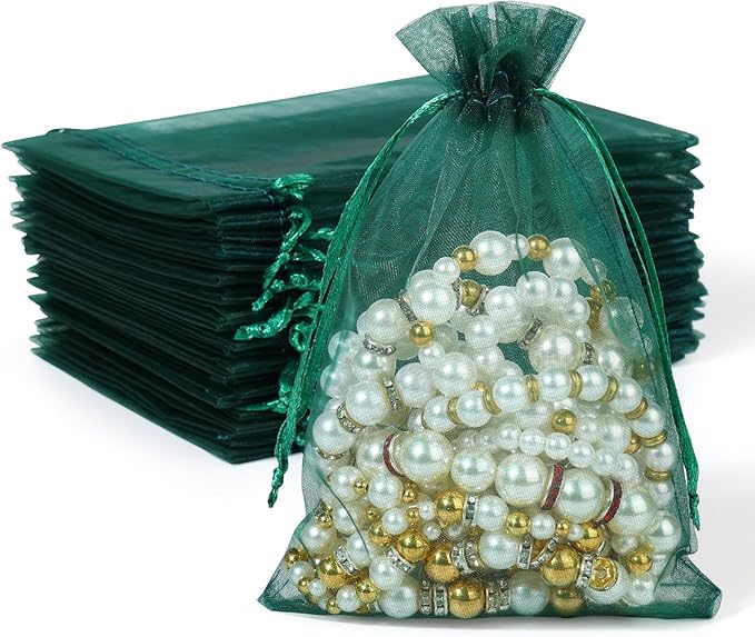 Hopttreely 100PCS Dark Green Organza Bags, 4X4.72 inch Mesh Bags Drawstring Gift Bag, Jewelry Pouches for Party, Christmas, Festival, Bathroom Soaps, Makeup Organza, Wrapping Supplie