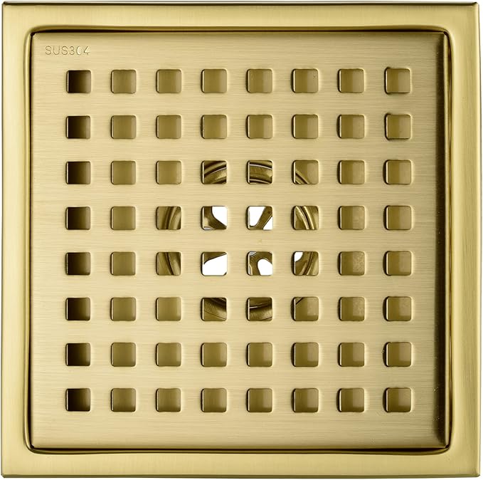 6 Inch Square Shower Drain with Adjustable Shower Drain Base Flange, SUS 304 Stainless Steel Floor Drain with Removable Cover Grid Grate, Brushed Gold Brass Finished