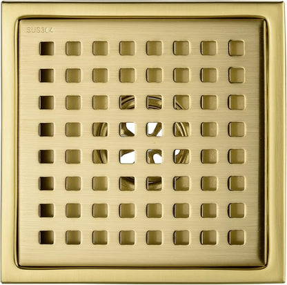 6 Inch Square Shower Drain with Adjustable Shower Drain Base Flange, SUS 304 Stainless Steel Floor Drain with Removable Cover Grid Grate, Brushed Gold Brass Finished