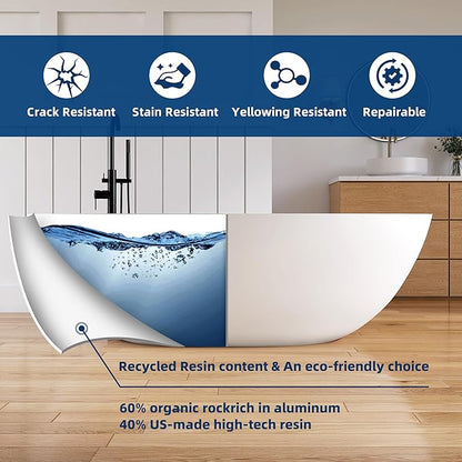71'' Freestanding Solid Surface Resin Stone Bathtub, Freestanding Tub, Contemporary Design Stand Alone Tub with Pop-up Drain and Overflow, cUPC Certified, Matte White (Oval) AM3031800…