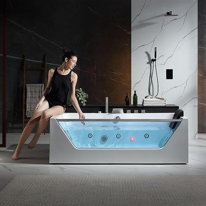 Empava Acrylic Whirlpool Bathtub, 71-Inch Jetted Bathtub with Heater, 10 Jets Hydromassage with Chromatherapy, 3-Side Apron with LED Control Panel, Waterfall & ETL Certified, Blcak Pillow