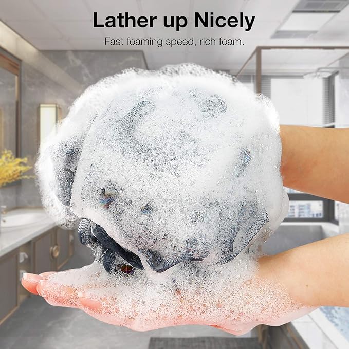 Bath Shower Loofah Sponge 60g Bath Mesh Pouf Shower Ball Body Scrubber Exfoliating Bath Sponge for Women and Men, Set of 4, Drak Grey-Pink-Grey-White