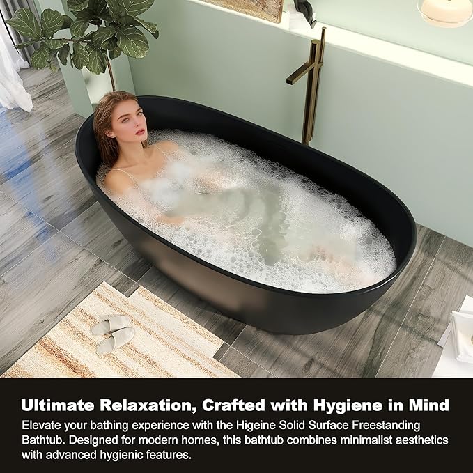 65" Premium Solid Surface Freestanding Bathtub, Upgraded Modern Design Stand Alone Tub with Overflow and Pop-up Drain, Matte Black
