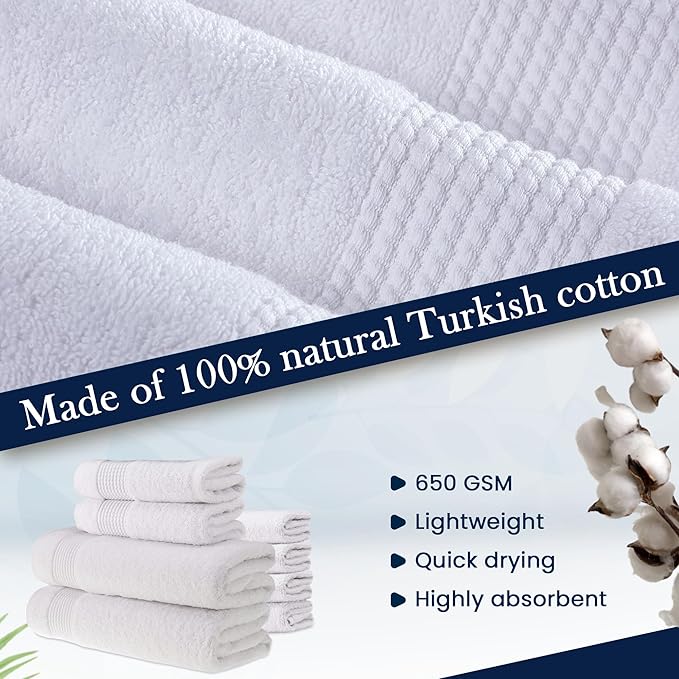 HALLEY Turkish Cotton Towels (Set of 8) 2 Bath Towels 2 Hand Towels 4 Washcloths, Super Soft Highly Absorbent 100% Cotton Towels for Bathroom and Kitchen for Mother’s Day (White)