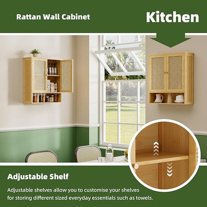 Bathroom Wall Cabinet, Bamboo Over-The-Toilet Storage Organizer with 2 Rattan Doors and Adjustable Shelf, Space Saver Medicine Cabinet for Laundry, Kitchen, Living Room (Natural)