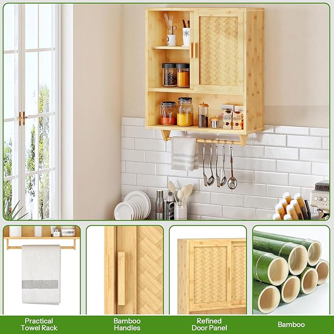 HOOBRO Bathroom Cabinet Wall Mounted, Bamboo Medicine Cabinet with Towels Bar & Adjustable Shelves, Over Toilet Cabinet, 23.6 x 7.9 x 28.5 Inches, for Bathroom, Laundry, Kitchen, Natural YL63CW01