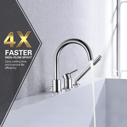 3 Hole Deck Mount Roman Tub Faucet with Hand Shower, Solid Brass Chrome Finish Valve Included