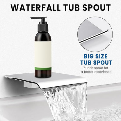 Wall Mounted Shower Faucet Set, Shower System with Tub Spout, 12 Inch Rainfall Shower Head with Handheld Spray, Waterfall Tub Spout Bathtub Faucet, Chrome