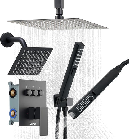 VEVOR Shower Faucet Set, 10 Inch Ceiling Mount Rainfall Shower System with 6 Inch Wall Mount Head and 2 in 1 Handheld Spray, Rotatable 3-Function Dual Rain Head Brass Valve and Trim Kit, Matte Black