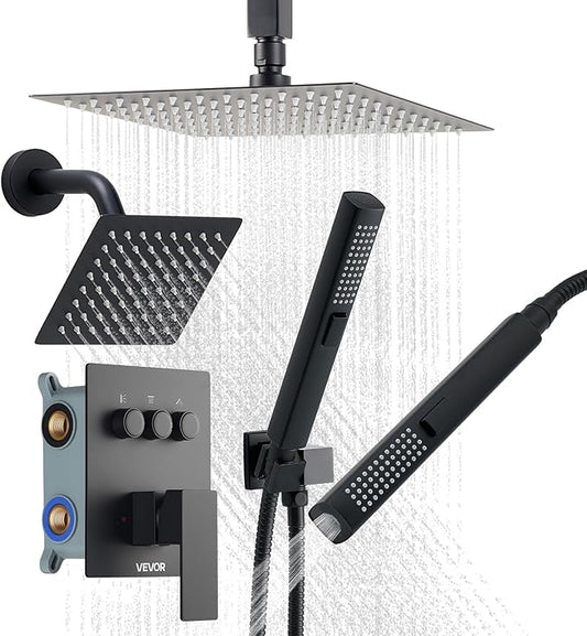 VEVOR Shower Faucet Set, 10 Inch Ceiling Mount Rainfall Shower System with 6 Inch Wall Mount Head and 2 in 1 Handheld Spray, Rotatable 3-Function Dual Rain Head Brass Valve and Trim Kit, Matte Black