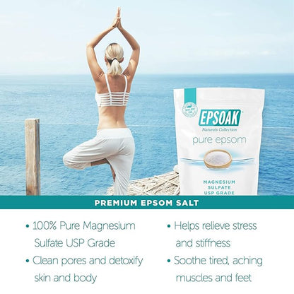 Epsoak Epsom Salt 5 lb Resealable Bulk Bag, Magnesium Sulfate USP. Unscented, Made in The USA, Cruelty-Free Certified