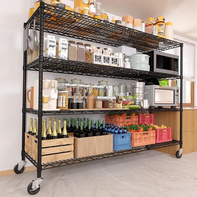 PrimeZone 3 Packs 55.5" W x 24" D x 80" H Heavy Duty Wire Storage Shelves with Wheels, 4 Tier Adjustable NSF Certified Garage Shelving Unit, Rolling Metal Organizer Shelf Rack for Warehouse, Pantry